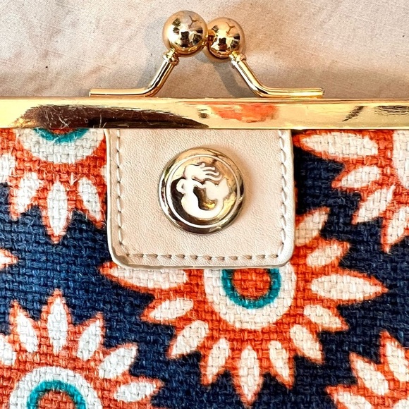 Vintage Spartina Floral Linen and Leather Kiss Lock Continental Wallet Pouch - Picture 2 of 4